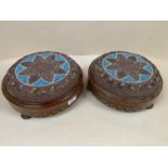 Pair Victorian circular walnut and parquetry foot stools with Petit Point beaded tops , 28cm D (some