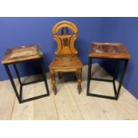 Solid honey coloured oak hall chair and a pair of industrial style side tables, hardwood tops, 61cmH