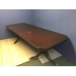 Twin pedestal mahogany oblong extending dining table with two additional leaves, 100cmW x 266cmL (