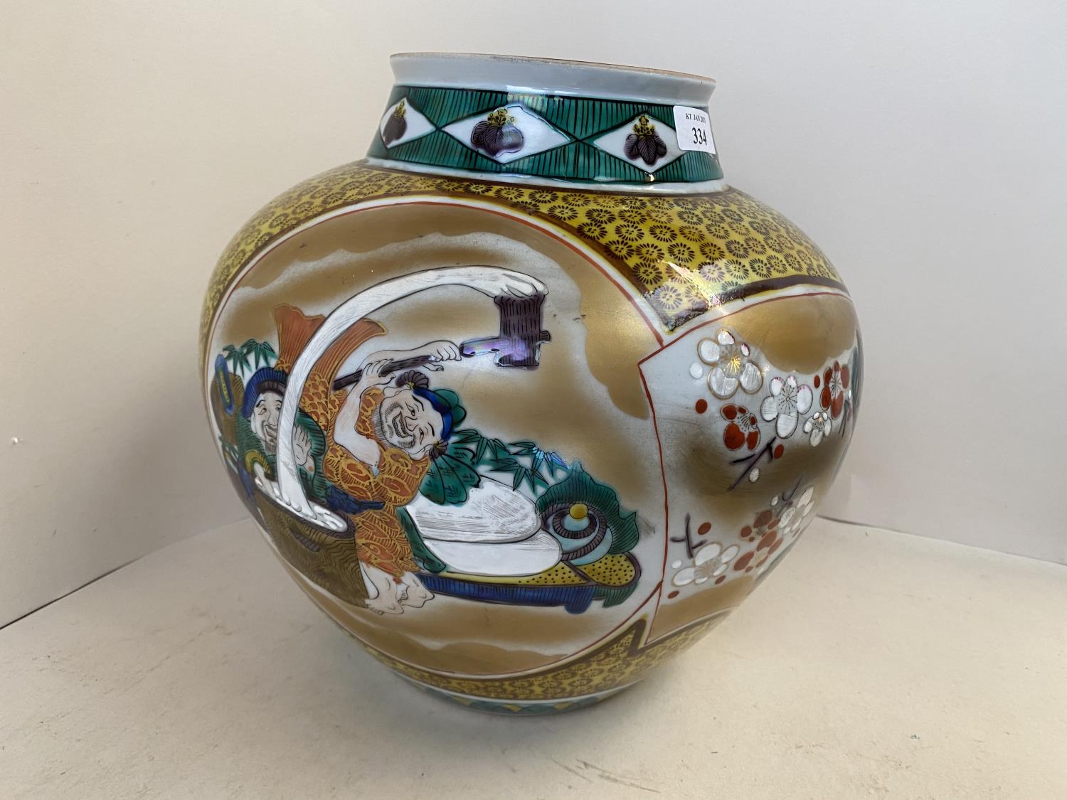 Large Japanese ovoid vase, the front two panels with varied decoration, 29cmH, marks to base (