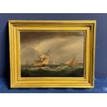 C19th, oil on canvas, 2 sailing ships in a stormy sea, windmill in distance, indistinctly signed