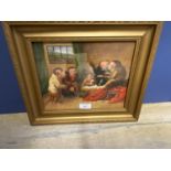 Oil on board, a Humerous satirical scene with monkeys dressed in costumes, gilt frame, 19 x 24cm