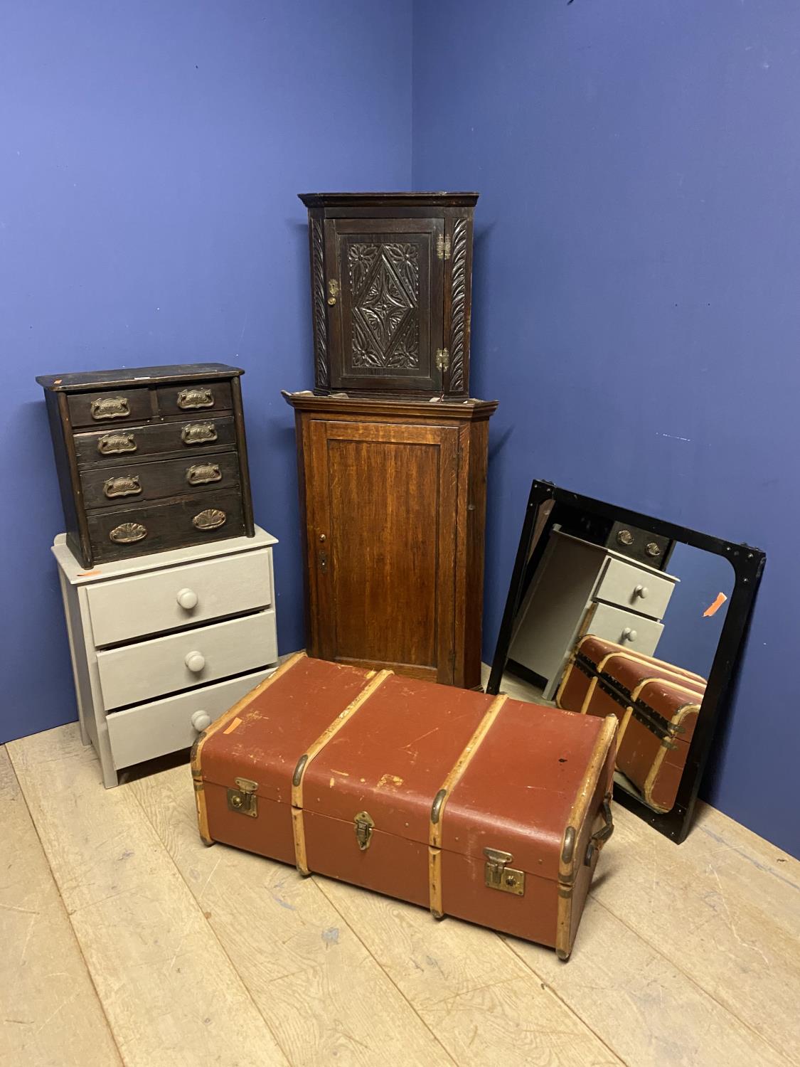 Georgian oak hanging corner cupboard, small oak carved corner cupboard, small painted chest of