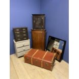 Georgian oak hanging corner cupboard, small oak carved corner cupboard, small painted chest of