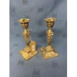 Pair of hallmarked silver weighted Adam style square based candlesticks. Sheffield 1930 20 cm H used