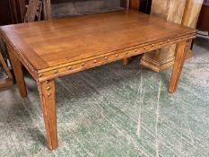 Continental modern oak oblong dining table with studded frieze , 164cm x 100cm (condition good)