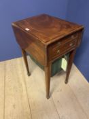 Edwardian inlaid mahogany drop leaf sewing table with drawers and basket, 48cm x 74cm open (