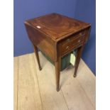 Edwardian inlaid mahogany drop leaf sewing table with drawers and basket, 48cm x 74cm open (