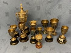 7 hallmarked silver small trophy cups one with cricket bat pedestal 9.4 ozt and 5 plated ones (12)
