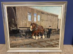 DM & EM Alderson, Oil on board "Heavy horse by the Train" 105 x 61cm approx