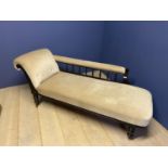 Victorian upholstered Chaise Longue with turned gallery back on turned legs and castors, 164 cm L