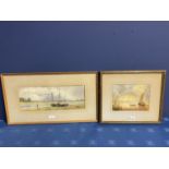 C19th watercolour, two fishing boats moored in an Estuary, signed M Snape, 14 x 37cm (condition,