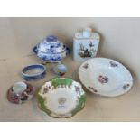 A Meissen floral pattern dish, a Coalport fluted dish, and 2 pieces of blue and white, Limoges