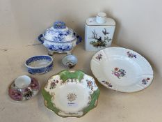 A Meissen floral pattern dish, a Coalport fluted dish, and 2 pieces of blue and white, Limoges