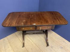 Small mahogany sofa table of 2 drawers and opposing dummy drawers, 93cmL (condition, water marks