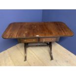 Small mahogany sofa table of 2 drawers and opposing dummy drawers, 93cmL (condition, water marks