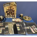 Qty of items to include an old trophy, Beatles memorabilia, camera, stamps etc, all with wear, see
