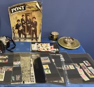 Qty of items to include an old trophy, Beatles memorabilia, camera, stamps etc, all with wear, see
