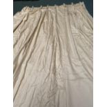 2 pairs of full length lined curtains in biscuit colour "silky style" fabric with green trim to