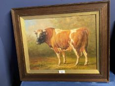 Oak framed oil painting study of a Bull in a country landscape 30.5 x 40cm