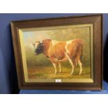 Oak framed oil painting study of a Bull in a country landscape 30.5 x 40cm