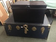 Traditional school trunk, a tin trunk / tuck box with key 55cmLong, and a wooden box with lid worn
