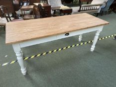 Pine top oblong kitchen table with single drawer, 180cmL x 71 cm W (condition good)