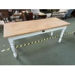 Pine top oblong kitchen table with single drawer, 180cmL x 71 cm W (condition good)