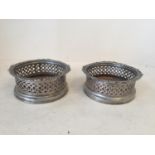 Pair old plated wine bottle coasters with turned mahogany bases 14 cm internal D 1 base loose from