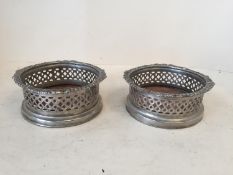 Pair old plated wine bottle coasters with turned mahogany bases 14 cm internal D 1 base loose from