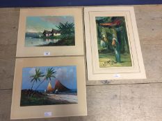 3 Unframed artworks to include a signed Middle Eastern oil painting, a pair of tropical