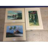 3 Unframed artworks to include a signed Middle Eastern oil painting, a pair of tropical