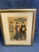 Kiyonaga, A Japanese woodblock prints , portrait of three Japanese Ladies in traditional costume,