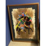 Large framed and glazed painting of a Chinese warrior on a horse, mixed media including mounted on a