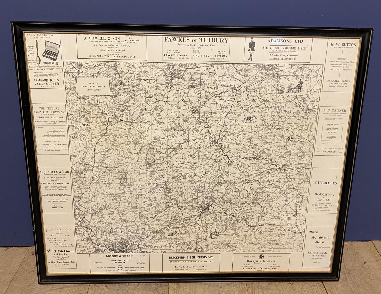 Three maps: 1950s framed and glazed black and white map of The Duke of Beaufort Hunt Country and a - Image 2 of 6