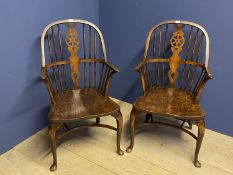 Pair of elm hooped back Windsor Armchairs, made by Thomas Glenister CO., High Wycombe (some wear and