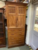 Modern mahogany cabinet above 4 long drawers, 91cmW x 202cmH, general wear and tear