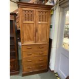 Modern mahogany cabinet above 4 long drawers, 91cmW x 202cmH, general wear and tear