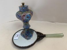 Chinese hand mirror with embossed back, 10cmD and small cloisonne hexagonal vase and cover, 12cmH