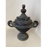Chinese ornately embossed pedestal incense burner with lid flanked by a pair of Dragon handles ,