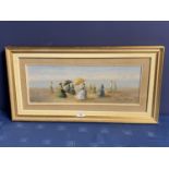 Modern gilt framed oil painting of a Victorian beach scene with ladies with parasols 17 x 46