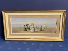Modern gilt framed oil painting of a Victorian beach scene with ladies with parasols 17 x 46
