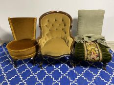 Victorian walnut framed yellow upholstered button backed ladies fireside chair and another chair,