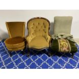 Victorian walnut framed yellow upholstered button backed ladies fireside chair and another chair,