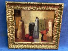 A framed oil painting still life of studio pottery of fruit, 41 x 49cm