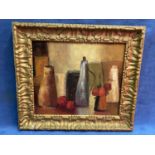 A framed oil painting still life of studio pottery of fruit, 41 x 49cm