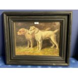 Ebonised framed oil painting study of two terrier dogs, 28.5 x 39cm