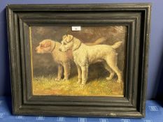 Ebonised framed oil painting study of two terrier dogs, 28.5 x 39cm