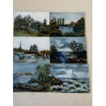 Set of 6 paintings of various coastal and mountainous scenes, painted on ceramic, (condition minor