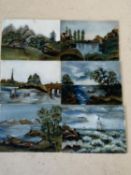 Set of 6 paintings of various coastal and mountainous scenes, painted on ceramic, (condition minor